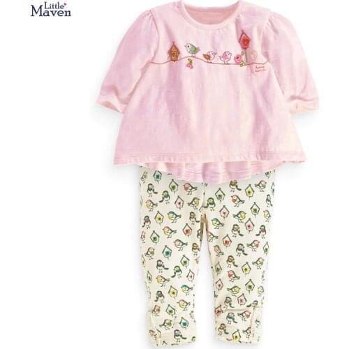 Baby Girl Lovely Clothes Set Bird Embroidery Pink Tops + Full Printed Trousers 2 Pieces Cotton Knitted Kids Costume