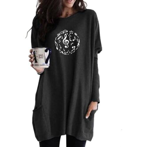 Music Notes Ball Letter Print Pocket T-shirt Women Femmes Spring Art Lover Gift Plus Size Long Sleeve Shirt Tops For Female