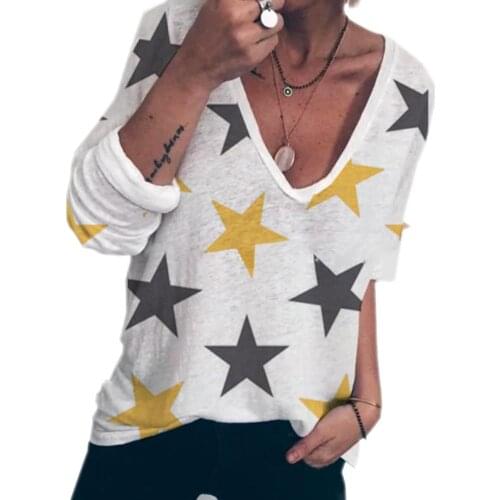 Tshirts women Solid Color Star Print Long Sleeve V-neck Loose T-shirt Pullover Tops tshirts mujer de moda 2020 рубашка женская
