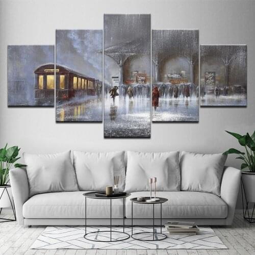Canvas Painting snow city street train station 5 Pieces Wall Art Painting Modular Wallpapers Poster Print living room Home Decor