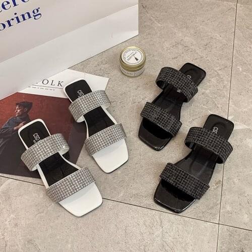 Summer Slippers Womens Shoes Non-slip Beach Plus Size Rhinestone Ladies Outdoor Slides Flat Square Toe Female Slippers