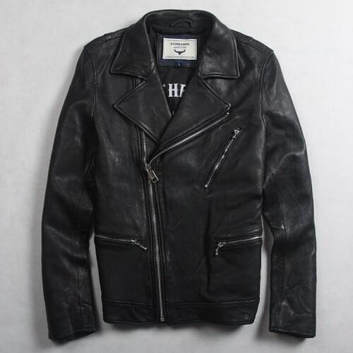 Avirexfly mens fashion genuine leather jacket with zipper pockets slim fit biker jacket men black real leather jacket for men