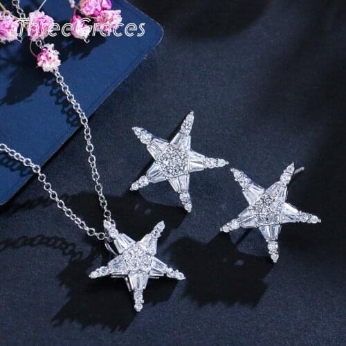 ThreeGraces Fashion Brand Ladies Jewelry Cubic Zirconia Stone Star Earrings Necklace Pendant Sets for Women Christmas Gift JS088
