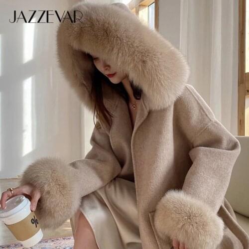 JAZZEVAR 2020 hooded coats Women luxurious Real Fox Fur coat lose clothing Cashmere double faced Wool Ladies winter jacket