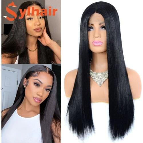 Sylhair Lace Front Synthetic Cosplay Wig Long Straight Middle Part Hair Black Heat Resistant Fiber Long Hair Wigs For Women