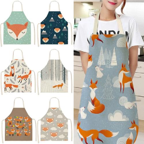 Cartoon Linen Fox Printed Aprons Women Men Sleeveless Bibs Home Cooking Baking Housework Cleaning Apron Kitchen Supplies