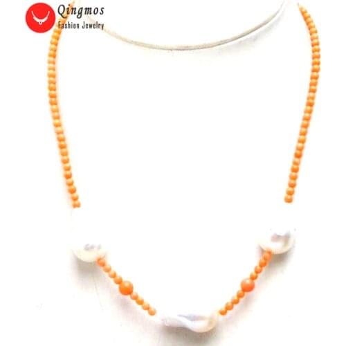 Qingmos Natural Coral Necklace for Women with 3mm Pink Coral & 14*25mm White Baroque Nuclear Pearl Necklace Chokers Jewelry 6340