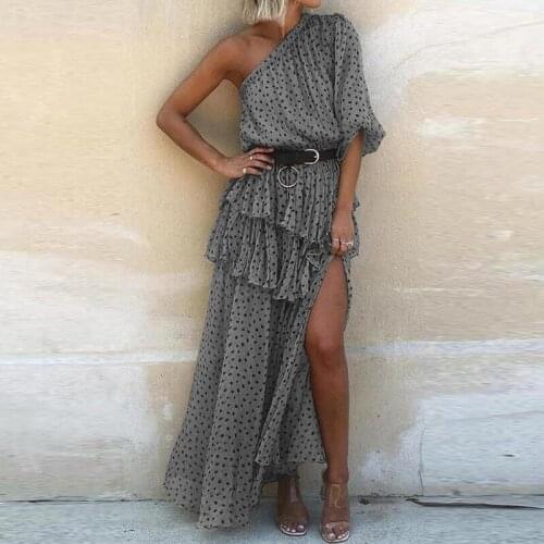 Sexy One Shoulder Irregular Party Dress Spring Summer Dot Print Chiffon Beach Dress Women Elegant Short Sleeve Ruffle Long Dress