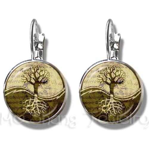Tree Of Life Glass Cabochon Yin Yang Earrings 16mm Glass Dome Handmade Trendy Silver Plated Stud Earrings For Women Gift
