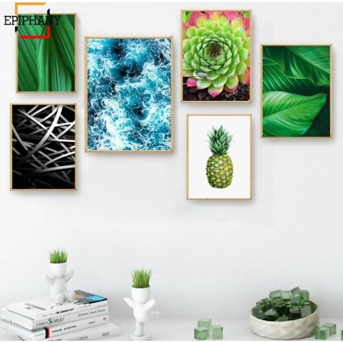 Modern Home Decor Leaves Wall Art Canvas Painting Green Plant Nordic Ocean Posters and Prints Decorative Picture for Living Room