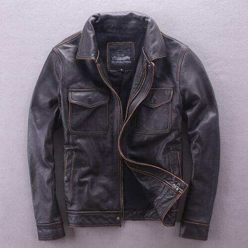 Special Offer! Mens Genuine Cowhide Coat Top Layer Cowhide Motorcycle Jacket Lapel Distressed Multi Pockets Slim Leather Jacket
