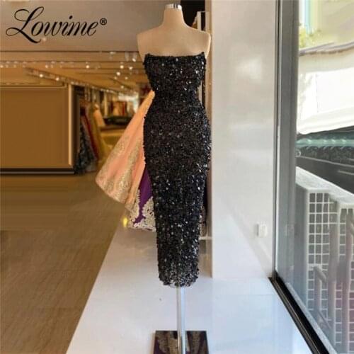 Black Beading Ankle Length Party Gowns 2021 Red Carpet Dresses Sequined Strapless Arabic Simple Celebrity Dresses Evening Dress