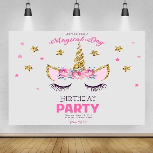 Magical Day Birthday Party Backdrop Photography Pink Flowers Unicorn Golden Stars Eyelash Pattern Table Background Decor