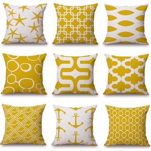 Yellow Geometric Cushion Covers 10 Style Boat Anchor Circles Starfish Pillow Cover Beige Linen Cotton Pillow Case