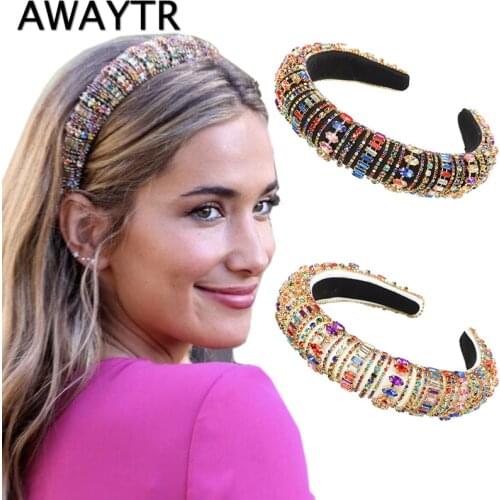 AWAYTR Sparkly Padded Colorful Rhinestones Headbands Full Crystal Luxurious Limited Edition Hairbands Women Baroque Headband