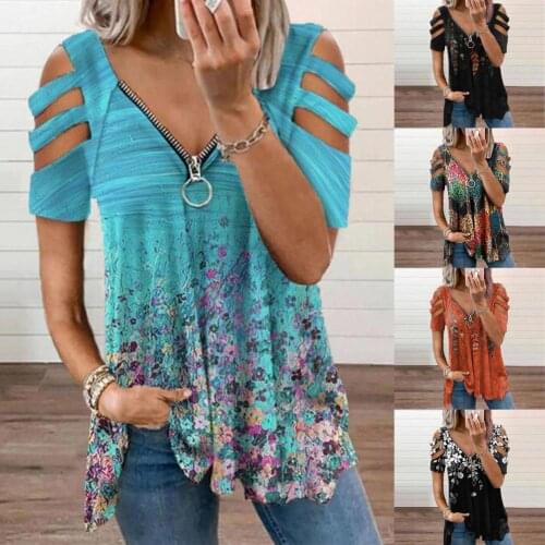 Women V Neck Printing Short Sleeve Hollow Zipper T-shirt Loose Top Streetwear for Work Fashion Street Tee Short Sleeve Casual