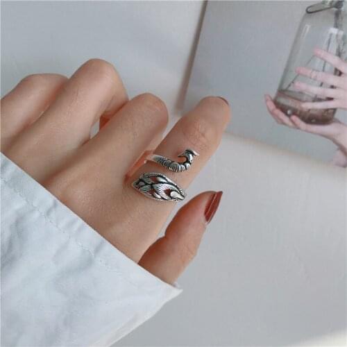 S925 Plated Silver Rings For Women Opening Adjustable Peacock Snake Simple Retro Korean Fashion Jewelry INEFFA Non-Fading Design