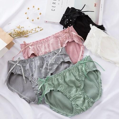 Big Red Thread Hole Strip Lace Edge Girls' Panties Chiffon Printed Stars Ladies Panties Low Waist Underwear Women Sexy