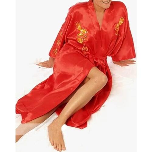 Fashion New Red Chinese Womens Satin Silk Embroidery Robe Kimono Bath Gown Dragon Size S M L XL XXL XXXL Free Shipping S0010