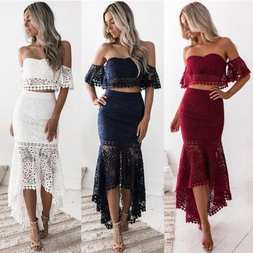 2021 Summer Sexy White Lace 2 Piece Set Women Strapless Crop Top+Mermaid Long Skirts Two Piece Set Casual Party Vacation Outfits