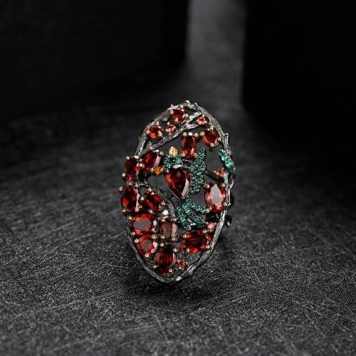 GEMS BALLET Natural Red Garnet Rings for Women Jewelry 925 Sterling Silver Handmade Flower Bird Branches Statement Cocktai Ring