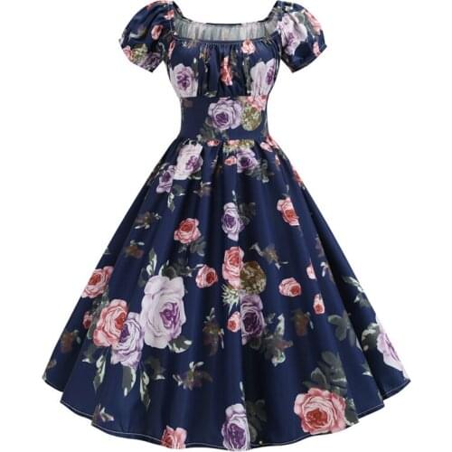 2021 Square Neck Ruched High Waist Vintage Multicolor Floral Women Pleated Dress Short Sleeve Summer Rockabilly Swing Dresses