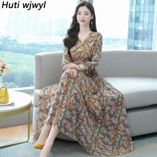 2021 Autumn New Plus Size Vintage Dress Vintage Boho Beach Floral Chiffon Vacation Long Sleeve Dress Women Bodycon Maxi Vestidos