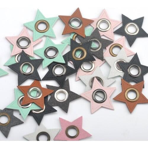 30pcs/lot STAR pink/mint PU leather sew on Badges patch labels + inner 8mm metal brass eyelets grommets free ship