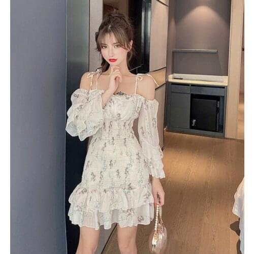 #5242Summer Floral Printed Mermaid Dress Women Short Slash Neck Sexy Mini Dress Spaghetti Strap Off Shoulder Party Dress Ruffles