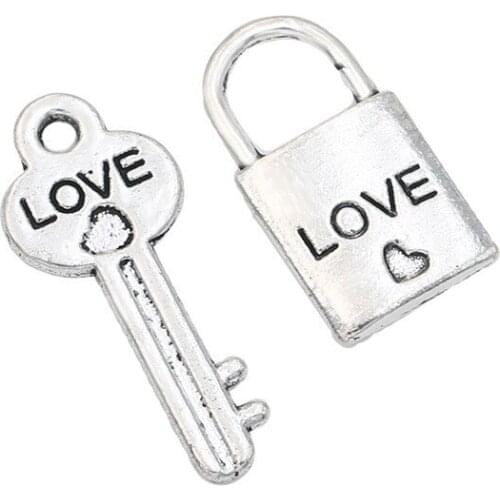 Antique Silver Plated Lock Key Love Heart Charms Pendants for Bracelet Jewelry Making DIY Necklace Craft
