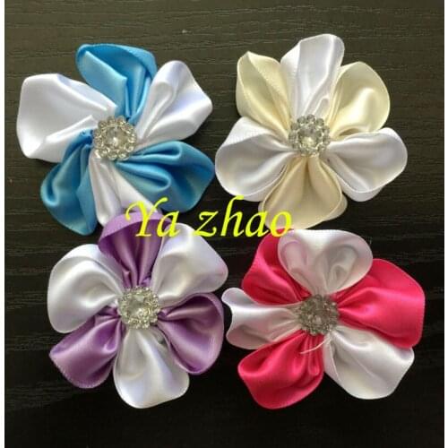 Free shipping 2inch Satin Ribbon Single Flowers With Rhinestone, DIY 5 petal Ribbon Rhinestone Flower 100pcs/lot