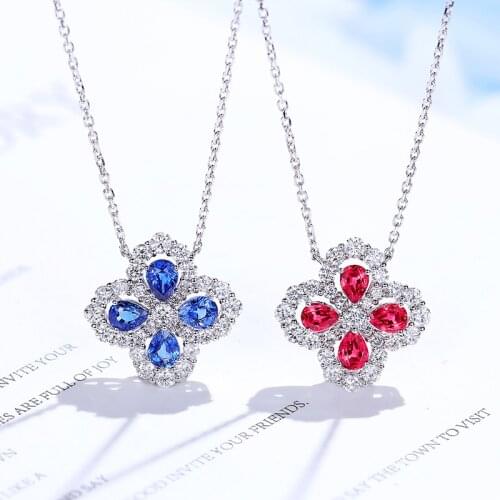 CxsJeremy Solid 14K White Gold Natural Ruby ​​Sapphire Four-leaf Clover Diamond Pendant Necklace Wedding Anniversary Gift