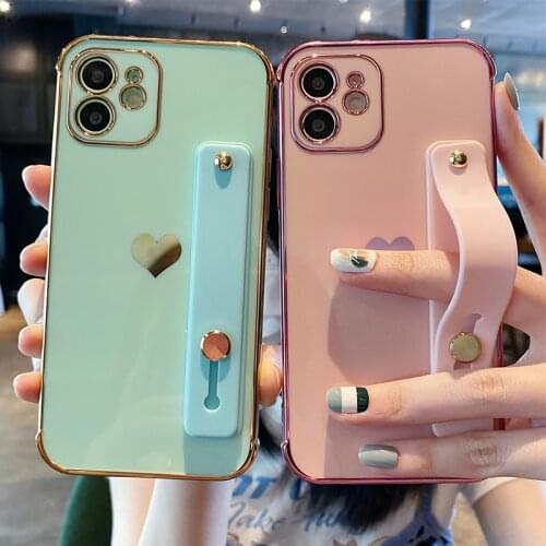 Love Heart Electroplated Wrist Strap Phone Case For iPhone 12 11 Pro Max XS XR X 7 8 Plus 12 Mini Plain Shockproof Back Cover