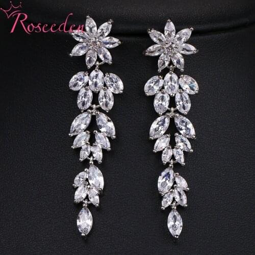 Floral Long Drop CZ Earrings For women Bride Sparkling AAA Charm Cubic Zircon Stud Earring Wedding Jewelry RE4081