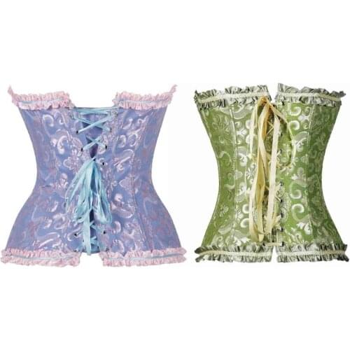 Women Vintage Ruffles Lace Corset Bustier Top Lace-Up Jacquard Floral Overbust Boned Waist Cincher Body Shaper Underwear