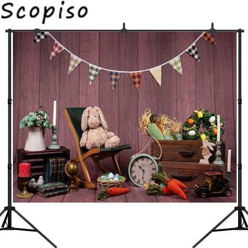 Scopiso Happy Easter for Photography Background Bunny Toys Wood Floor for Kids Child Baby Booth Photo Backdrop Shoot Studio Prop