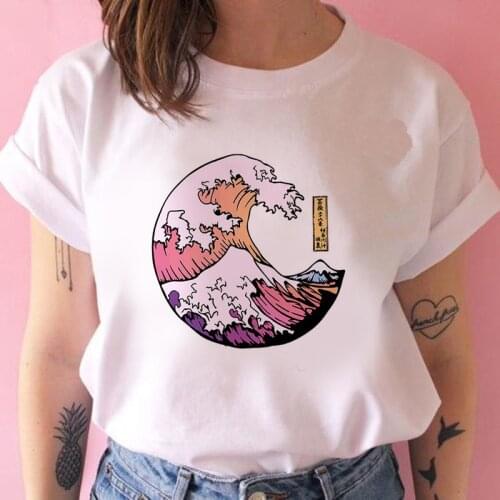 Aesthetic Tshirts Great wave and Sunrise Printed Women T Shirt Short Sleeve Casual White Top Tee Female Harajuku T-Shirts