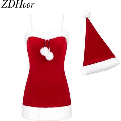 Hot Sexy Womens Christmas Dress Velvet White Flannel Trim Mini Dress with Hat Santa Christmas Fancy Dress Claus Cosplay Costume