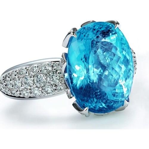 JK New Romantic Heart Shape Mosaic Big Sky Blue Zircon Women Engagement Rings Shiny Fine Gift for Girlfriend Fashion Jewelry