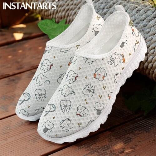INSTANTARTS Fashion Dentist Cartoon Women Flat Shoes Tooth Cartoon Breathable Mesh Sneaker Femme Slip-on Loafers Beach Footwear