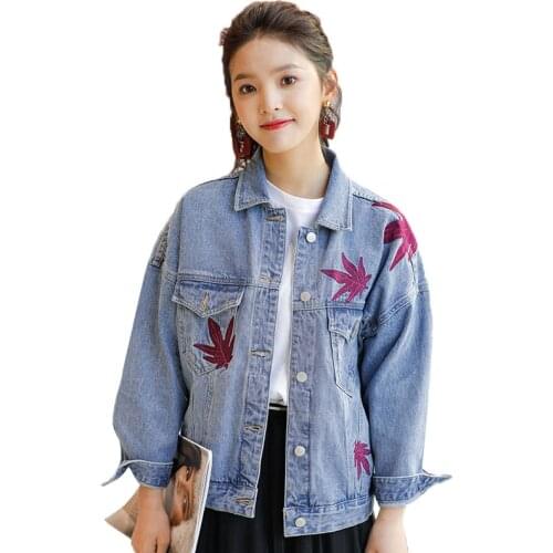 Spring Autumn short denim clothing fashion Women Maple leaf embroidered student Cowboy Coat Female Casual loose Jean Jacket R455