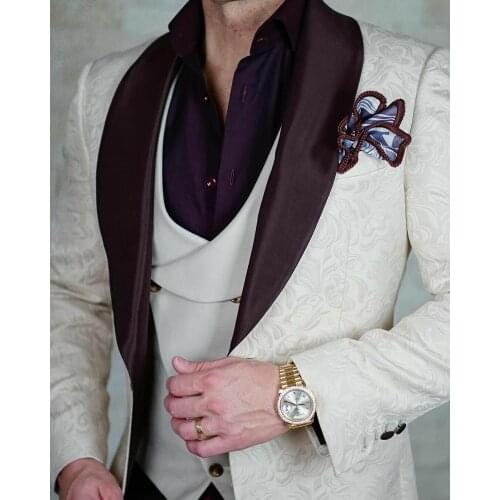 Custom Made Men Suits Beige and Brown Groom Tuxedos Shawl Satin Lapel Groomsmen Wedding Best Man ( Jacket+Pants+Vest+Tie ) D99