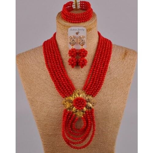 Nigerian beads opaque red crystal african wedding jewelry sets 6CDBS