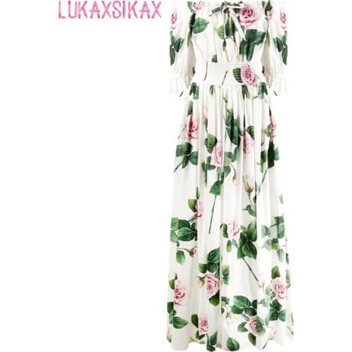 LUKAXSIKAX 2020 New Women Summer Dress High Quality Runway Rose Flowers Print Sexy Off Shoulder Beach Vacation Dress