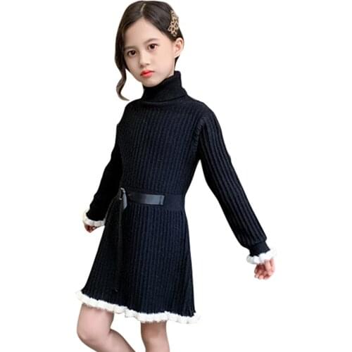 Dress Girl Solid Color Kids Knitted Dresses For Girls Long Sleeve Children Dresses Spring Autumn Girls Clothing