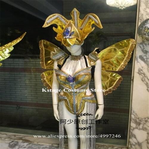 KS21 Party ballroom dance led costumes luminous stage dress wings gold mirror outfits armor stage show wears model dress clothes