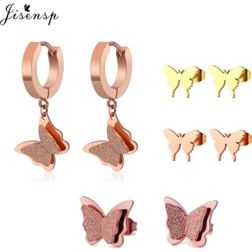 Jisensp Romantic Double Butterfly Earrings for Women Stainless Steel Jewelry Tiny Cartoon Animal Stud Earrings Girls Kids Gifts