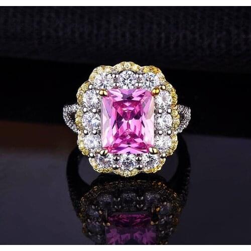 Luxury Female Pink Square Crystal Ring 100% Real Sterling Silver Wedding Ring Cute Gold Flower Engagement Rings For Women