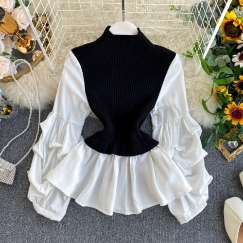 New Women Pullover Sweater Spring Auutmn Patchwork Shirt Puff Sleeve Knitted Sweater Woman Slim Elegant Tops Fall Clothing