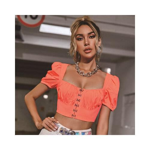 2021 Summer Puff Sleeve Square Neck Hook Button Curl Short T-shirt Slim Solid Color Vest Women White Black Elegant Sexy Top